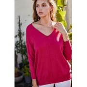 Rose Red V Neck 3/4 Sleeve Side Slit Hi-lo Sweater - Pullovers - $30.25 