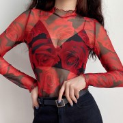 Rose dark red mesh T-shirt half-high col - Košulje - kratke - $17.99  ~ 114,28kn