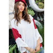 Round Neck 3/4 Rolled Up Sleeve Contrast Woven Heart Print Knit Top - Srajce - dolge - $28.05  ~ 24.09€