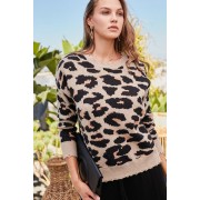Round Neck Long Sleeve Frayed Edge Leopard Print Sweater - Pullovers - $40.04 