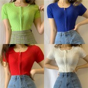 Round Neck Show Thin Zip T-Shirt High Waist Wild Basic Pullover Short Sleeve Top - Рубашки - короткие - $25.99  ~ 22.32€