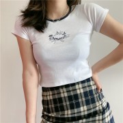 Round neck exposed navel short-sleeved T-shirt female angel print slimming top - Shirts - $25.99 