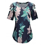 STYLEWORD Women's Floral Print Short Sleeve Out Shoulder Casual Shirt Tops - Shirts - $35.99 