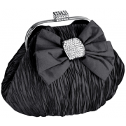 Satin Bow Pleated Rhinestones Brooch & Clasp Frame Baguette Clutch Evening Bag Handbag Purse w/2 Hidden Chains Black - Clutch bags - $42.50 
