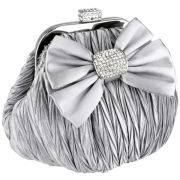 Satin Bow Pleated Rhinestones Brooch & Clasp Frame Baguette Clutch Evening Bag Handbag Purse w/2 Hidden Chains Silver - Clutch bags - $42.50 