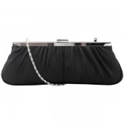 Satin Plead Clasp Evening Baguette Wedding Cocktail Prom Shoulder Bag Clutch Handbag Purse w/Detachable Chain Black - Hand bag - $35.50 