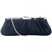 Satin Plead Clasp Evening Baguette Wedding Cocktail Prom Shoulder Bag Clutch Handbag Purse w/Detachable Chain Navy - Hand bag - $35.50 