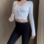 Sexy V-neck drawstring T-shirt women's slim short umbilical long-sleeved shirt - Košulje - kratke - $25.99  ~ 165,10kn