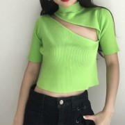 Sexy short-sleeved T-shirt female chest cutout side open knitted top - T-shirts - $25.99 