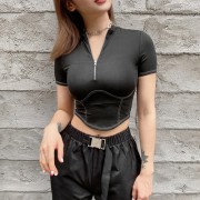 Sexy stand-up collar high-waist split line exposed navel short T-shirt - Рубашки - короткие - $19.99  ~ 17.17€