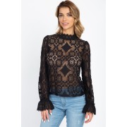 Sheer Floral & Geo Crochet Lace Top - Long sleeves shirts - $17.60 