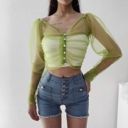 Sheer mesh pleated top sexy V-neck breathable top - Košulje - kratke - $19.99  ~ 126,99kn