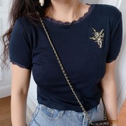 Short round neck lace embroidered short-sleeved T-shirt - Shirts - $25.99 