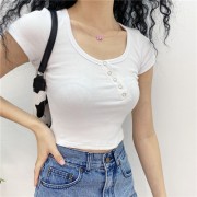 Short-sleeved t-shirt summer oblique placket breasted umbilical top - Shirts - $25.99 