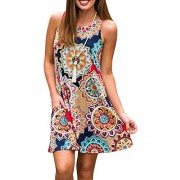 Silvous Women's Sleeveless Damask Floral Sun Dress Swing Midi Pockets T-Shirt Dress - Dresses - $15.99 