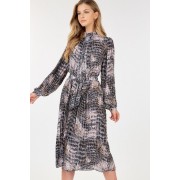 Skin Multi Long Sleeve Pleated Snake Skin Print Midi Dress - Dresses - $75.90 