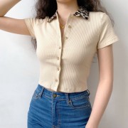 Slim single-breasted leopard-print collar polo collar short-sleeved T-shirt - Рубашки - короткие - $27.99  ~ 24.04€