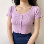 Small round neck high waist exposed navel knitted short-sleeved top T-shirt wome - Рубашки - короткие - $25.99  ~ 22.32€