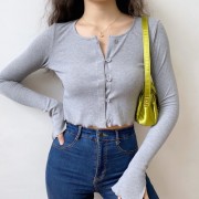 Small round neck thread pit strip split long-sleeved T-shirt female slim slimmin - Camicie (corte) - $25.99  ~ 22.32€