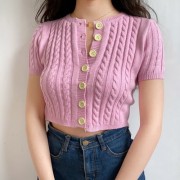 Small round neck twist short sleeve sweater cardigan high waist sweater - Рубашки - короткие - $27.99  ~ 24.04€