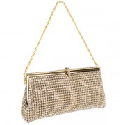 Sophisticated Crystals Rhinestones Clasp Soft Clutch Evening Bag Baguette Handbag Purse w/Detachable Chain Gold - Hand bag - $199.90 