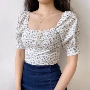 Square Collar Floral Bubble Sleeve Short Sleeve Top Small Shirt Female Back Plea - Shirts - $25.99 