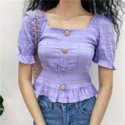 Square Collar Halter Short Sleeve Shoulder Chiffon Top Female Waist Short Sleeve - Shirts - $26.99 