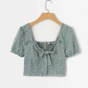 Square collar tied cotton printed loose - T-shirts - $27.99 