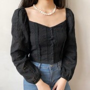 Square-neck lace embroidered puff-sleeve - T-shirts - $32.99 
