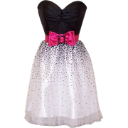 Strapless Prom Dress Holiday Party Gown Cocktail w/ Polka Dot Net Skirt & Color Bow Black/White/Fuchsia - Dresses - $78.99 
