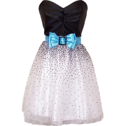 Strapless Prom Dress Holiday Party Gown Cocktail w/ Polka Dot Net Skirt & Color Bow Black/White/Turquoise - Dresses - $78.99 