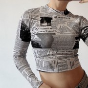 Street high waist stretch short top newspaper printing exposed navel long sleeve - Koszule - krótkie - $25.99  ~ 22.32€