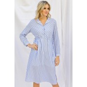 Stripe Print Cinched Waist Long Sleeve Shirt Midi Dress - Dresses - $39.38 