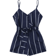 Striped Belted Cami Romper -Black - Overall - $17.99  ~ 15.45€
