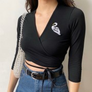 Swan embroidery deep V was thin strappy - T-shirts - $27.99 