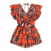 SweatyRocks Women's 2 Piece Boho Butterfly Sleeve Knot Front Crop Top with Shorts Set - Suits - $18.99 