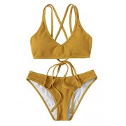 SweatyRocks Women's Bathing Suits Spaghetti Strap Criss Cross Back Bikini Ribbed Swimsuit - Swimsuit - $17.99 