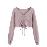 SweatyRocks Women's Casual Long Sleeve V Neck Tie Ruched Knit Crop Top Sweater - 半袖衫/女式衬衫 - $9.89  ~ ¥66.27