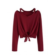 SweatyRocks Women's Crop T-Shirt Tie Front Long Sleeve Cut Out Casual Blouse Top - 半袖衫/女式衬衫 - $7.99  ~ ¥53.54