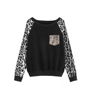 SweatyRocks Women's Leopard Print Long Sleeve Round Neck Contrast Sequin Sweatshirt T-Shirts Tops - Shirts - $12.99 