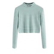 SweatyRocks Women's Mock Neck Embroidered Letter Long Sleeve Striped Crop Top T Shirt - 半袖衫/女式衬衫 - $10.99  ~ ¥73.64