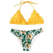 SweatyRocks Women's Sexy Bathing Suits Scallop Halter Bikini Top Floral Print Two Piece Swimsuits - Fato de banho - $13.99  ~ 12.02€