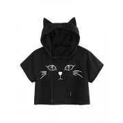 SweatyRocks Women's Short Sleeve Hoodie Crop Top Cat Print Tshirt - Shirts - $12.99 