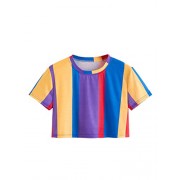 SweatyRocks Women's Short Sleeve Round Neck Colorblock Stripe Tee Shirt Crop Top - Shirts - $10.99 