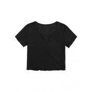 SweatyRocks Women's Solid V Neck Short Sleeve Knit Crop Top Tee Shirts - Shirts - $9.99 