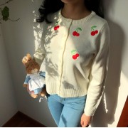 Sweet Little Cherry Embroidery Knit Card - Pullovers - $29.99 