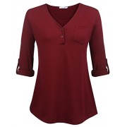 Sweetnight Women's V-Neck Blouse 3/4 Roll-Up Sleeve Button Down Shirt Loose Fit Casual Shirred Tunic Tops - 半袖衫/女式衬衫 - $2.99  ~ ¥20.03