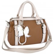 TANIKA Butterfly Bow Tassel 2-Tone Double Top Handle Bowler Satchel Shopper Tote Purse Bowling Handbag Convertible Shoulder Bag Khaki - Hand bag - $27.50 