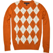 TOMMY HILFIGER Mens Argyle V-Neck Plaid Knit Sweater Orange burnt/off white - Pullovers - $28.99 