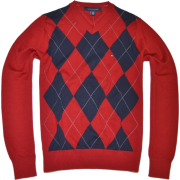 TOMMY HILFIGER Mens Argyle V-Neck Plaid Knit Sweater Red/navy/gray - Пуловер - $39.99  ~ 34.35€
